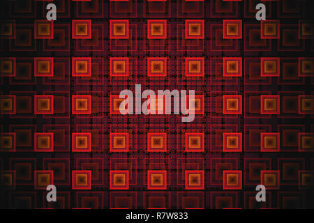 Abstrakte tech Fraktale mit leuchtenden orange Quadrate auf einem Raster Hintergrund Stockfoto