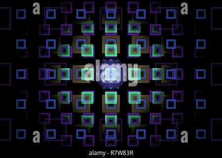 Fraktale mit neon blau und lila Quadrate auf einem dunklen Hintergrund Stockfoto