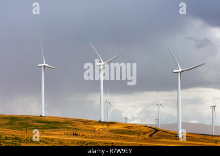 Windkraftanlagen stehen in krassem Kontrast zu den dunklen Wolken entlang den Hügeln in der Nähe von Goldendale, Washington, in der Columbia River Gorge. Stockfoto