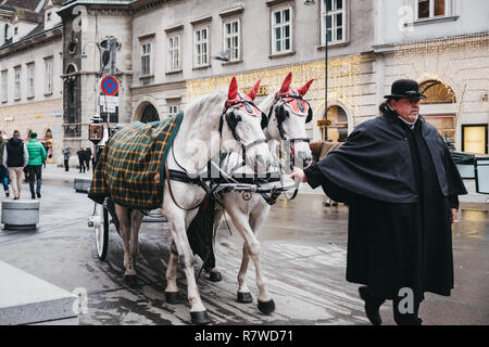 Wien, Österreich - November 24, 2018: Kutsche auf einer Straße in Wien, Österreich, am Abend. Reiten und Kutschfahrten sind sehr beliebt bei den Tour Stockfoto