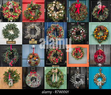 London, Großbritannien. 12. Dezember, 2018. Weihnachten Tür Kranz Collage. Festliche Weihnachten Kränze hängen an den bunten Türen von Wohnungen im Royal Borough von Kensington und Chelsea. Credit: Guy Corbishley/Alamy leben Nachrichten Stockfoto