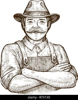 Gerne Landwirt in den Hut. Vintage Skizze Vector Illustration Stock Vektor