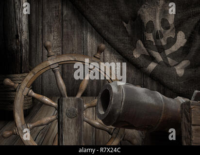 Piraten Schiff deck mit alten Jolly Roger Fahne 3 Abbildung d Stockfoto