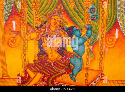 Indien, Bundesstaat Kerala, Guruvayur, Wallfahrtsort rund um Sri Krishna Tempel, Fresken, Krishnas Leben Stockfoto