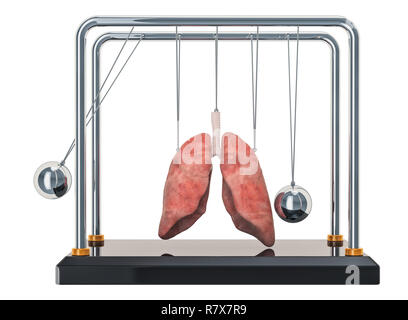 Schmerzen in der Lunge, Lungen Krankheit Konzept. Newtons Wiege mit Herz. 3D-Rendering auf weißem Hintergrund Stockfoto