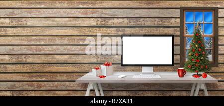 Computer Display Mockup und kopieren Platz neben. Weihnachtsbaum und Dekorationen auf weißen Holzschreibtisch. Stockfoto