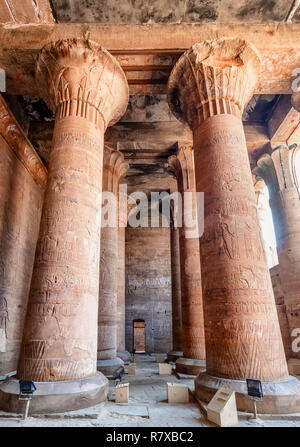 Spalten mit Hieroglyphen und polychromie in Edfu Tempel zeigen, gewidmet dem Falkengott Horus, am Westufer des Nils, Edfu, Obere E Stockfoto