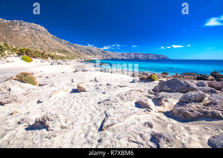 Strand in der Nähe von Kedrodasos Elafonissi Strand auf der Insel Kreta mit azurblauen Wasser, Griechenland, Europa. Kreta ist die größte und bevölkerungsreichste der Griechischen isl Stockfoto