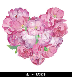 Aquarell von Hand gezeichnet rosa Rosen und Pfingstrosen, die auf einen Rahmen in der Form eines Herzens. Design für Feier, Valentines Tag und Hochzeit Dekor. Stockfoto