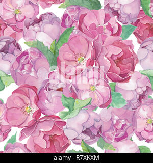 Aquarell von Hand gezeichnet rosa Rosen und Pfingstrosen nahtlose Muster. Design für Feier, Hochzeit, Dekoration. Stockfoto