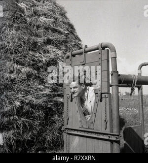 1950er Jahre, historische, auf einem Bauernhof, Mann im Hemd und Krawatte mit seinem Kopf durch eine hölzerne Luke zu einem Rohr neben einem Heuhaufen verbunden. Stockfoto