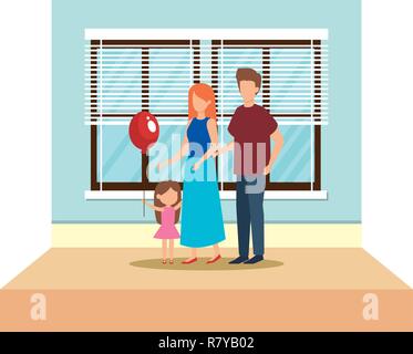 Eltern mit Tochter und Ballon Helium im Haus Vector Illustration Stock Vektor