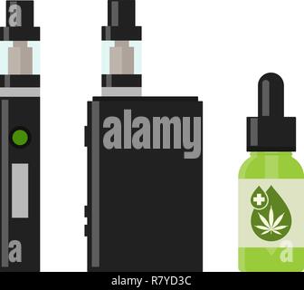 Marihuana Cannabis Flüssigkeit für Vaping. Vape Cannabis Öl. Cannabis Vaporizer. E-Zigarette für VAPING. Isolierte Vector Illustration auf weißem Hintergrund. Stock Vektor