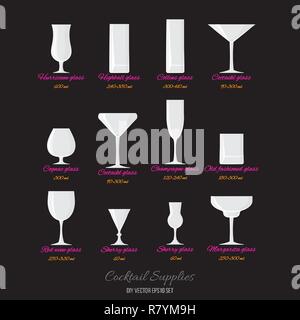 Vektor cocktails Gläser mit Namen und Glas. Menü Dekoration DIY-Vektor für Web und Print im Retro-Stil eingerichtet Stock Vektor
