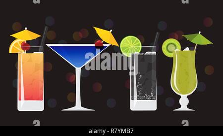 Tequila Sunrise, Blue Lagoon, Gin Tonic und Kiwi Mojito auf schwarzem Hintergrund mit Bokeh gespiegelt. Vector Illustration für Web und Print, party Invita Stock Vektor