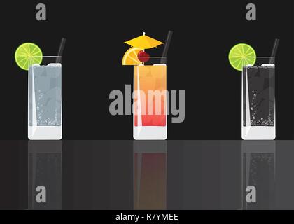 Gin Tonic Cocktail, Tequila Sunrise und Soda Drink auf schwarzen Hintergrund gespiegelt. Vector Illustration für Web und Print, Party Einladung oder mich Stock Vektor