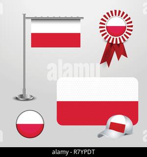 Polen Landesflagge haning auf Pole, Band Abzeichen Banner, Sport hat und runder Knopf Stock Vektor