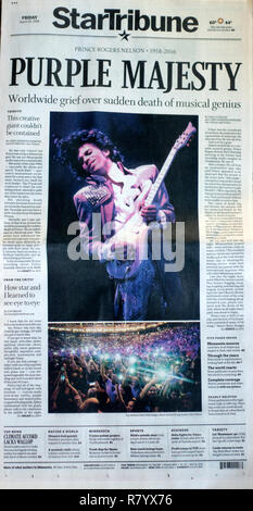 Purple Majesty Schlagzeile auf der Titelseite von Minneapolis StarTribune auf 4/22/16 und Foto zum Gedenken an Prince's Tod. St. Paul Minnesota MN USA Stockfoto