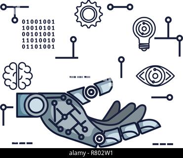 Roboterhand mit set tech Symbole Vector Illustration Design Stock Vektor