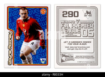 Die Vorder- und Rückseite von Merlin sticker Fußball Spieler Karte von 1996 mit Wayne Rooney Spielen für Manchester United Stockfoto