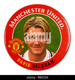 Metall pin Badge aus den 90er Jahren mit David Beckham Spielen für Manchester United Stockfoto