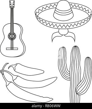 Line Art Schwarz und Weiß 4 mexikanischen Elementen. Stock Vektor