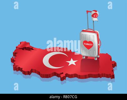 Touristische Gepäck und hat für eine türkische Reisen über die Türkei Karte. Alle Objekte sind in verschiedenen Schichten und der Text -Typen benötigen keine Schriftart. Stock Vektor
