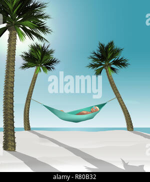 Hier ist ein 3-D-Abbildung eines Mannes liegen in einer Hängematte zwischen zwei kleine Palmen an einem tropischen Strand mit weißem Sand machen. Dies ist ein Illu Stockfoto
