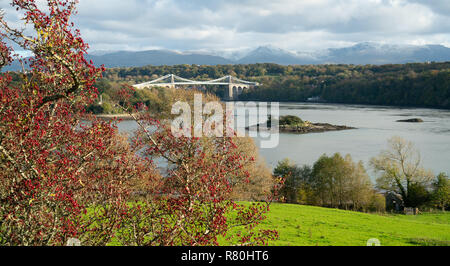 Telford Hängebrücke, Menai Straits, zwischen der walisischen Festland und Insel Anglesey. Bild im Oktober 2018 übernommen. Stockfoto