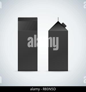 Vector schwarz leer Mock up Papier Tetra Pack vertikale Paket mit Kunststoffkappe zwei Winkel realistische Abbildung mit Schatten template Design isoliert o Stock Vektor