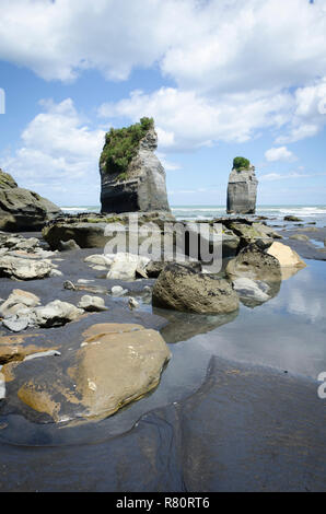 Rock Säulen, drei Schwestern, Tongaporutu, Taranaki, North Island, Neuseeland Stockfoto