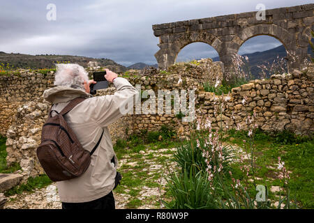 Marokko, Meknes, Volubilis Roman Site, Besucher fotografieren drei Bögen auf dem Mobiltelefon Stockfoto