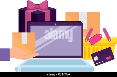 Laptop mit Einkaufstasche und Geschenk Vector Illustration Design Stock Vektor