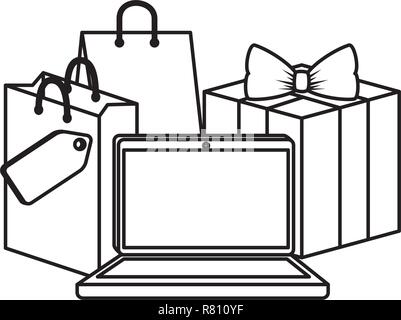 Laptop mit Einkaufstasche und Geschenk Vector Illustration Design Stock Vektor