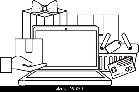 Laptop mit Einkaufstasche und Geschenk Vector Illustration Design Stock Vektor