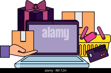 Laptop mit Einkaufstasche und Geschenk Vector Illustration Design Stock Vektor