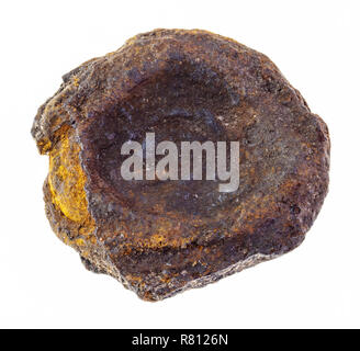 Makrofotografie von natürlichen Mineral aus geologische Sammlung - raw Münze geformten See Eisenerz (limonit) Stein auf weißem Hintergrund Stockfoto