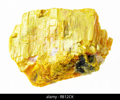 Makrofotografie von natürlichen Mineral aus geologische Sammlung - raw orpiment Stein auf weißem Hintergrund Stockfoto