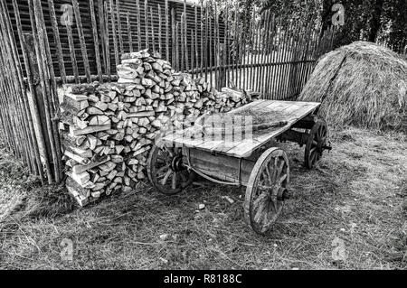 Leben auf dem Lande. Alten hölzernen Wagen ohne Pferd, gestapeltes Brennholz und Stapel von Heu im Sommer Stockfoto