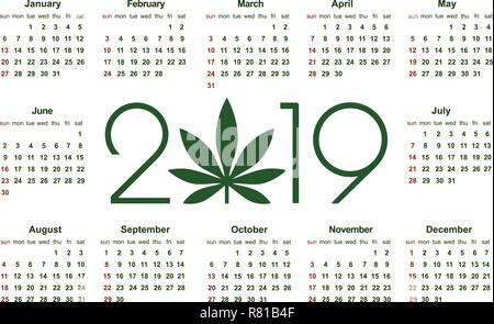 Marihuana Kalender für 2019. Die medizinische Verwendung von Cannabis. Einfachen Vektor Vorlage. Briefpapier Design Vorlage. Isolierte Vector Illustration auf weißem Hintergrund. Stock Vektor