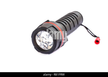 Taschenlampe schwarz auf weißem Hintergrund. Stockfoto