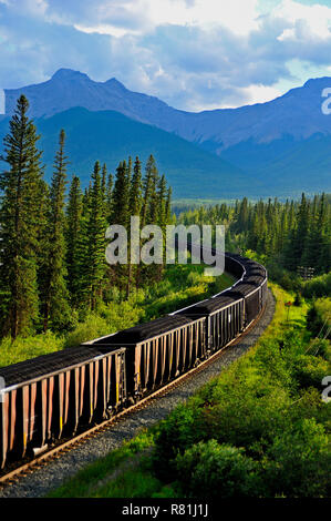 Eine vertikale Bild eines Zuges mit oben offenen Kohle Autos in die Rocky Mountains von Alberta Kanada Reisen geladen Stockfoto