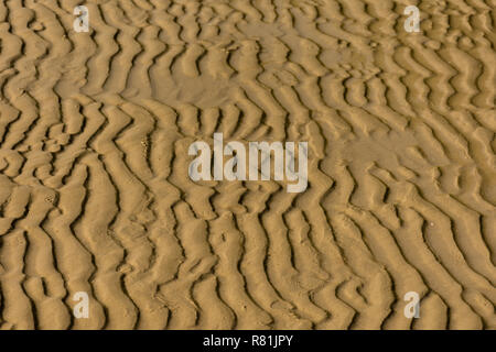 Wellen und Muster in einem feuchten Sandstrand durch die abziehenden Flut links. Stockfoto