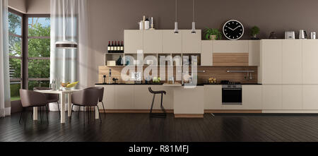 Moderne beige Küche in einer Villa mit Insel und Esstisch - 3D-Rendering Stockfoto