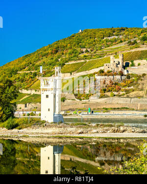 Die Maus Turm mit Burg Ehrenfels im Hintergrund. Das Rheintal, Deutschland Stockfoto