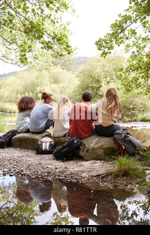 Fünf junge erwachsene Freunde eine Pause machen, sitzen auf den Felsen von einem Bach bei einer Wanderung, Rückansicht, vertikal Stockfoto