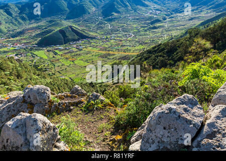 Mit Blick auf den Flickenteppich von Terrassen und Felder in der Palmaren Tal von Teno in der Landwirtschaft im Nordwesten von Teneriffa, Kanarische Inseln, Spanien Stockfoto