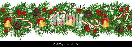 Nahtlose Hintergrund mit realistischen Grüne Tanne Baum, Bell und Weihnachten Beeren. Für Text, Gratulation. Weihnachten, Neujahr Symbol. Stock Vektor