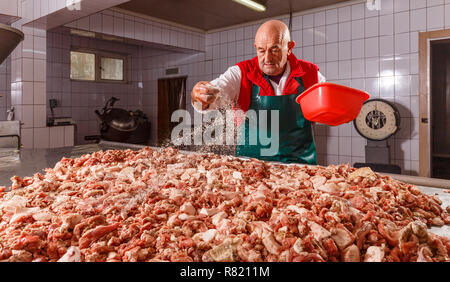 Wurst Produktionslinie. Metzger würzen die Wurst Fleisch Stockfoto