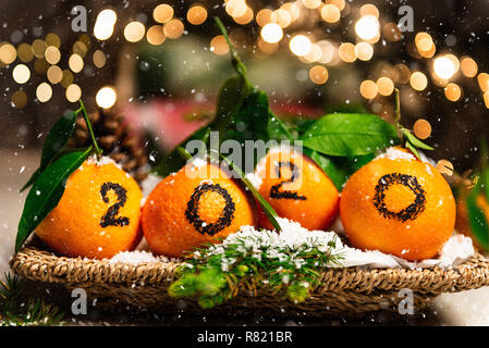 Neues Jahr 2020 kommt. Zahlen in schwarzer Tinte auf die Orangen geschrieben, dass die Verlegung in den Korb mit Pine Sticks und Weihnachtsbeleuchtung auf der Bac sind Stockfoto